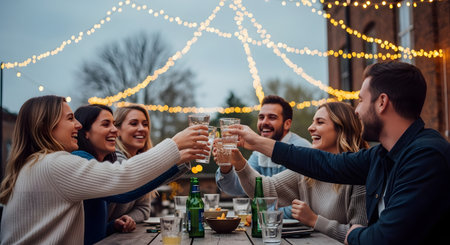 A group of happy friends raises their glasses for a toast during an outdoor evening party decorated with string lights. They are laughing and enjoying drinks together around a wooden table.の素材
