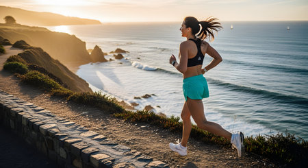 A fit woman jogs along a scenic coastal path overlooking the ocean during a beautiful sunset. The warm light illuminates her profile as she exercises, highlighting a healthy and active outdoor lifestyle.の素材
