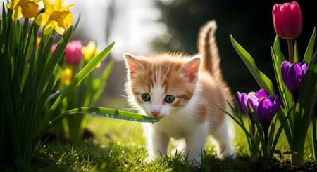 A cute ginger kitten explores a sunny garden, sniffing a long green leaf amidst blooming tulips and daffodils. The scene captures the innocence and curiosity of a young pet enjoying a vibrant spring day outdoors.の素材