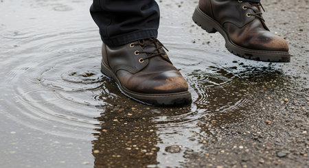 A close-up of brown leather boots stepping into a water puddle on a wet asphalt surface during a rainy day. The splash and ripples capture the movement of walking in wet weather conditions.の素材