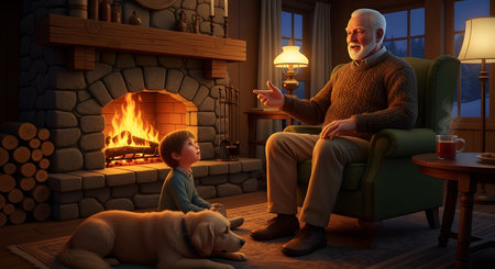 An illustration of an elderly grandfather sitting in an armchair by a roaring fireplace, telling a story to his grandson and a golden retriever dog. The cozy, warm room creates a nostalgic atmosphere of family tradition and bonding on a winter evening.の素材
