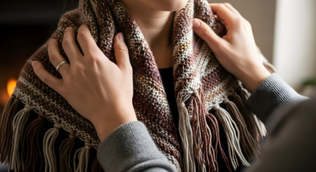 Close-up of hands gently adjusting a warm, knitted wool scarf with fringe on a person's shoulders. The textured knitwear and soft colors convey a sense of comfort, care, and winter fashion style.の素材