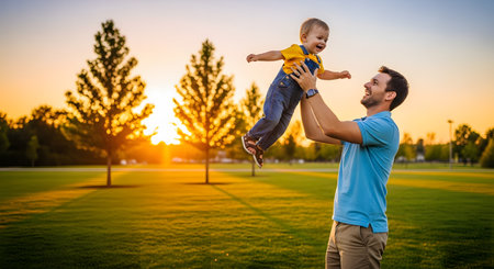 A joyous father lifts his laughing toddler son high into the air in a grassy park during a golden sunset. The backlit scene captures the pure happiness and playful connection of fatherhood.の素材