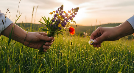 Two hands reach out to exchange wildflowers in a grassy meadow during sunset. One hand holds a bouquet of purple lupines and poppies, while the other offers a single daisy, symbolizing connection, friendship, and the beauty of nature.の素材