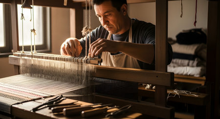 A skilled male artisan focuses intently while working on a traditional wooden loom in a workshop. He is weaving threads to create a handmade textile fabric, highlighting the art of craftsmanship.の素材