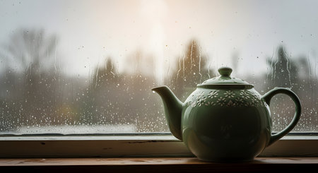 A green ceramic teapot sits on a wooden windowsill against a backdrop of rain-streaked glass. The moody outdoor weather contrasts with the cozy indoor atmosphere evoking a sense of warmth and relaxation.の素材
