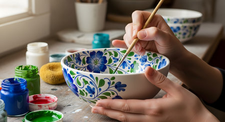 An artist's hands carefully paint a blue floral pattern onto a white ceramic bowl using a fine brush. The workshop setting includes colorful paint pots and other pottery pieces in the background.の素材