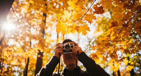 A person holds a vintage silver camera up to their eye to take a photograph in a vibrant autumn forest. The scene is filled with yellow and orange maple leaves, capturing the beauty of the fall season.の素材