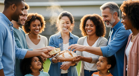 A diverse group of happy people stands outdoors in a circle, sharing a large loaf of rustic bread. The image symbolizes community, sharing, unity, and friendship across different ages and backgrounds.の素材