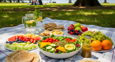 A vibrant picnic spread on a checkered blanket in a sunny park includes fresh fruit salad, green salad, hummus, pita bread, and beverages. The scene is set against a background of green grass and trees, representing a relaxing summer outdoor meal.の素材