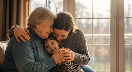 Three generations of womenâa grandmother, mother, and young daughterâshare a warm and loving embrace near a window. The soft lighting captures their genuine smiles and the strong emotional bond between family members.の素材