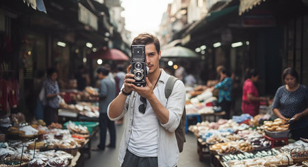A male photographer holds a vintage twin-lens reflex camera to his eye in a bustling Asian street market. The background is filled with stalls and people, suggesting a travel and photography adventure.の素材