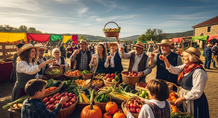 A joyous group of farmers and villagers raise their glasses for a toast at a vibrant outdoor harvest festival. They are surrounded by baskets overflowing with fresh apples, pumpkins, and vegetables, celebrating a bountiful season.の素材