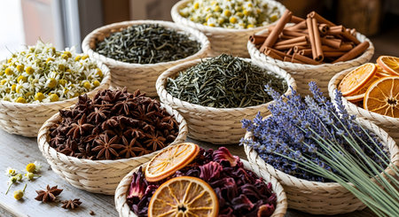 A collection of small woven baskets displaying various dried herbs, spices, and flowers, including lavender, cinnamon sticks, and star anise. The arrangement highlights natural ingredients used for aromatherapy, herbal tea, or culinary purposes.の素材