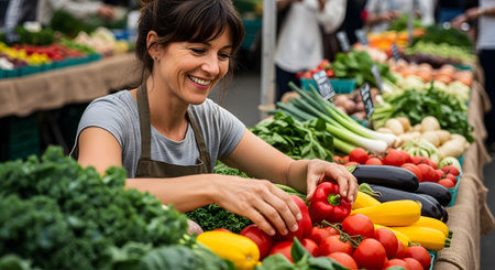 A smiling woman wearing an apron arranges red bell peppers at a bustling farmers market stand. Fresh vegetables like greens and zucchini are displayed in the background, highlighting local produce and small business.の素材