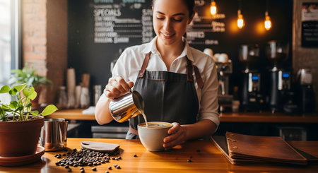 A smiling female barista wearing an apron pours steamed milk into a cup to create latte art. She stands at a wooden counter in a warm, inviting coffee shop, showcasing her professional skills and hospitality.の素材