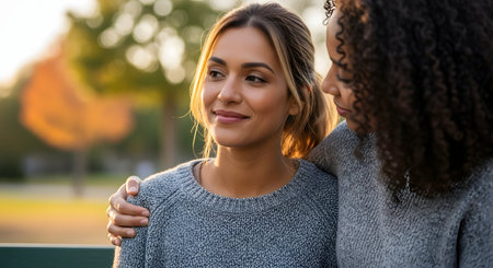 A smiling young woman embraces an older woman, likely her mother, in a sunlit outdoor park setting. They look affectionate and happy, enjoying a moment of connection and support surrounded by blurred autumn foliage.の素材