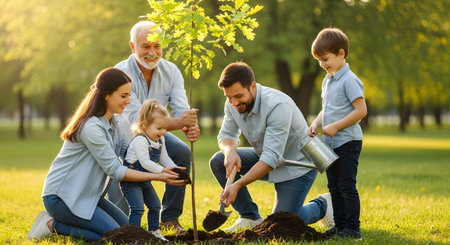 A happy multi-generational family works together to plant a young tree in a sunny park. Grandparents parents and children smile while using a shovel and watering can symbolizing environmental care and future growth.の素材