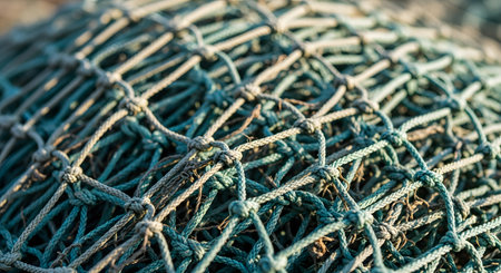 A close-up view of a piled blue-green fishing net showing the intricate knots and woven texture. The image focuses on the details of the maritime equipment creating an abstract pattern.の素材