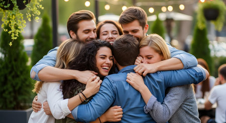 A group of young friends shares a warm group hug outdoors, smiling and showing affection and unity. The blurred background with lights emphasizes their close bond and happiness.の素材