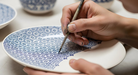 An artist's hand holds a fine brush to paint intricate blue geometric patterns on a white ceramic plate. The close-up shows the precision and skill involved in traditional pottery decoration.の素材