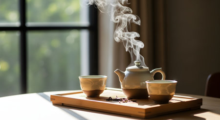 A ceramic teapot and two matching cups emit steam on a wooden tray near a window with soft natural light. The serene composition evokes a sense of warmth, mindfulness, and the relaxing ritual of drinking hot tea.の素材