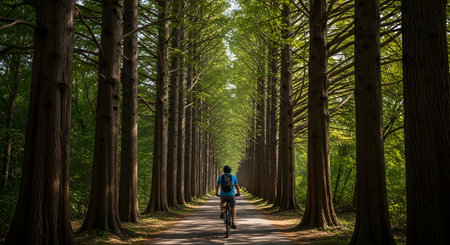 A cyclist rides away from the camera down a paved path lined with majestic, tall trees creating a natural tunnel. The perspective emphasizes the height of the trees and the peaceful solitude of the ride in nature.の素材