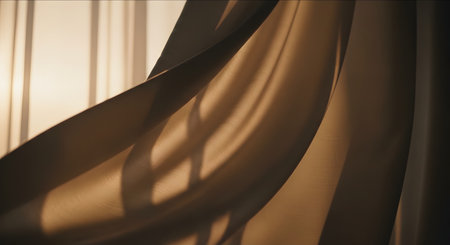 A close-up abstract view of a curtain fabric blowing gently in the wind with warm sunlight filtering through. The play of light and shadow creates a soft and elegant texture.の素材
