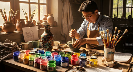 A focused artist grinds pigments with a mortar and pestle at a wooden table filled with colorful jars of paint and brushes. The workshop environment includes ceramic vases and natural light illuminating the creative process.の素材