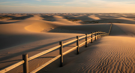A vast landscape of rolling sand dunes illuminated by golden sunset light. A wooden fence creates a leading line cutting through the sandy terrain under a soft sky evoking a sense of solitude and exploration.の素材
