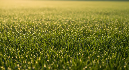 A low-angle close-up of fresh green grass blades covered in morning dew drops, illuminated by warm golden sunlight. The image features a soft bokeh background, emphasizing the freshness and vitality of nature at sunrise.の素材