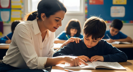 A female teacher kindly helping a young male student with his work at a desk in a bright classroom. The scene represents education, guidance, and the supportive relationship between educator and pupil.の素材