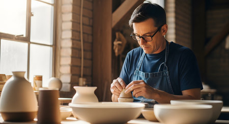 A focused male artisan wearing glasses and a denim apron shapes a clay pot on a spinning pottery wheel in his bright workshop. Shelves filled with various ceramic creations line the background, highlighting the skill and dedication of traditional craftsmanship.の素材