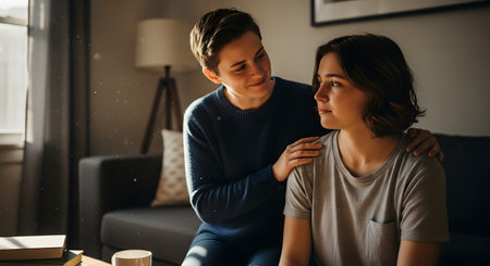 Two young women share a tender and emotional moment in a living room, with one comforting the other by placing a hand on her shoulder. The soft lighting highlights their connection and the supportive atmosphere.の素材
