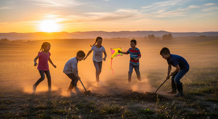A group of children playing in a grassy field at sunset, silhouetted against the golden light. Some are digging with shovels while another runs with a kite, capturing the essence of rural childhood fun.の素材