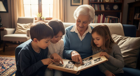 A grandmother sits on a sofa sharing memories from a photo album with her three young grandchildren in a cozy living room. The children look on with interest as they bond over family history, creating a warm intergenerational moment.の素材