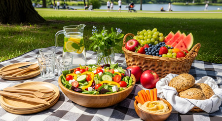 A vibrant picnic setup on a black and white checkered blanket in a sunny park. The spread includes a fresh salad, a basket of fruit, bread rolls, hummus, and lemon water, perfect for a summer outdoor meal.の素材