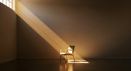 An empty room features a single modern chair illuminated by a dramatic beam of sunlight streaming through a high window. Dust motes dance in the light, creating a moody and contemplative atmosphere of solitude.の素材