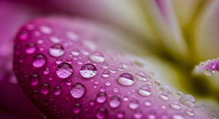 A stunning macro photograph captures vibrant purple flower petals adorned with fresh, spherical water droplets. The intricate details of the petal texture and the reflection in the dew drops highlight the beauty of nature after rain.の素材