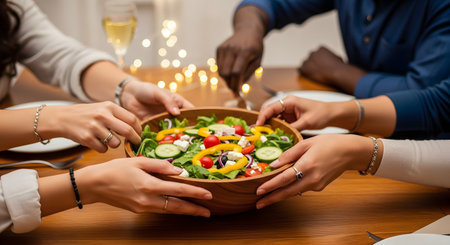 A group of friends reaching for a large wooden bowl of fresh vegetable salad at a dinner table. The closeup captures the joy of sharing a healthy meal and social gathering.の素材