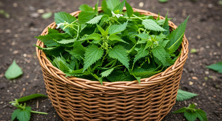 A wicker basket overflows with freshly harvested stinging nettle plants, showcasing their vibrant green serrated leaves. The basket sits on dark garden soil, highlighting themes of foraging, herbal medicine, and natural ingredients.の素材