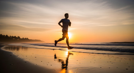 A fit man jogs along a sandy beach during a beautiful golden sunrise, his silhouette reflected on the wet sand. The scene captures the energy of an early morning workout amidst a tropical coastal setting with distant palm trees.の素材