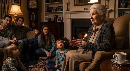 An elderly grandmother sits in an armchair by a fireplace, telling a story to her captivated family gathered around her. The warm, cozy living room scene highlights intergenerational bonding and cherished family moments.の素材