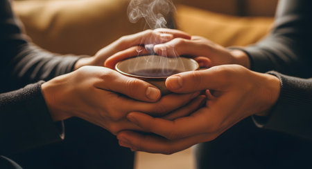 Close-up of two pairs of hands holding a warm cup of tea together, conveying deep support and comfort. Steam rises from the cup, symbolizing the warmth of empathy and human connection during a difficult or intimate moment.の素材