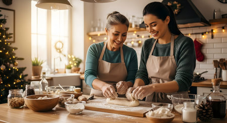 A cheerful mother and adult daughter knead dough together in a kitchen decorated for Christmas. The warm and festive scene highlights family bonding, holiday traditions, and the joy of home cooking.の素材