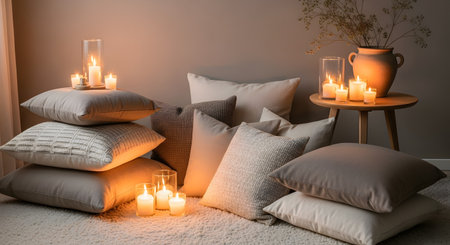 A cozy corner arrangement features a stack of soft neutral-colored pillows and lit candles on a plush rug. A vase with dried branches adds a natural touch to this serene home decor setting, designed for relaxation and comfort.の素材