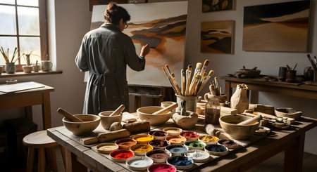 A female artist stands before a canvas in her studio, painting a landscape with focused strokes. The table in the foreground is filled with colorful pigment bowls and brushes, highlighting the creative process.の素材