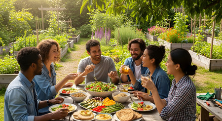 A diverse group of happy friends enjoys an outdoor lunch at a wooden table in a sunny garden surrounded by vegetable beds. They are talking, laughing, and toasting with drinks, enjoying a healthy meal together in a vibrant community atmosphere.の素材