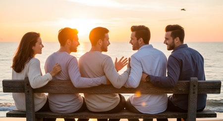 A group of five happy friends sits together on a wooden bench facing the ocean during a beautiful sunset. They are engaged in conversation and smiling enjoying a relaxing summer evening by the sea.の素材