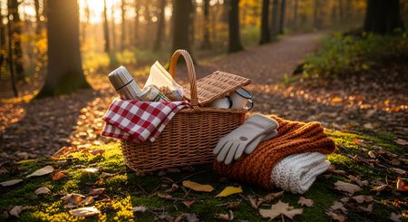 A classic wicker picnic basket packed with a thermos and mugs sits on a mossy forest floor covered in golden autumn leaves. A cozy knit blanket and gloves lie nearby, bathed in the warm glow of the setting sun.の素材